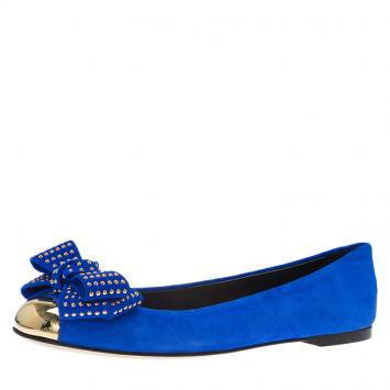Pre Owned Giuseppe Zanotti Blue Suede and Gold Cap Toe Studded Bow Ballet Flats Size 38.5