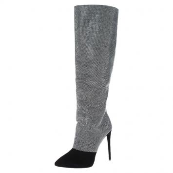 مملوكة مسبقًا Giuseppe Zanotti Black and Silver Embellished Suede Knee Boots Size 38.5