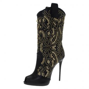 Pre Owned Giuseppe Zanotti Black Studded Leather Coline Peep Toe Mid Calf Boots Size 39