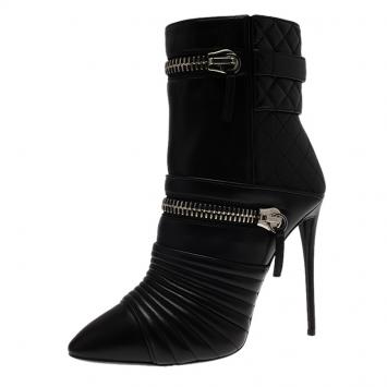 Pre Owned Giuseppe Zanotti Black Quilted Leather Olinda Zipper Detail Ankle Boots Size 40