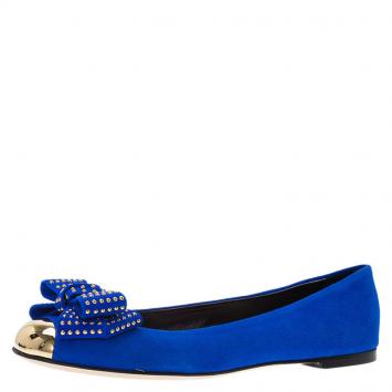 Pre Owned Giuseppe Zanotti Blue Suede and Gold Cap Toe Studded Bow Ballet Flats Size 38.5