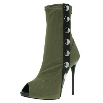مملوكة مسبقًا Giuseppe Zanotti Khaki Mesh and Leather Studded Peep Toe Ankle Boots Size 36