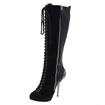 Pre Owned Giuseppe Zanotti Black Leather Lace Up Metal Heel Knee Boots Size 36