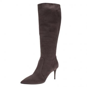 Pre Owned Giuseppe Zanotti Grey Suede Pointed Toe Knee Boots Size 41