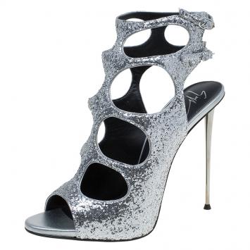 Pre Owned Giuseppe Zanotti Silver Glitter Cutout Ankle Strap Sandals Size 40