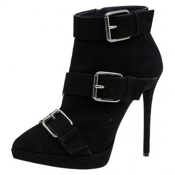 مملوكة مسبقًا Giuseppe Zanotti Black Buckled Suede Platform Ankle Boots Size 38