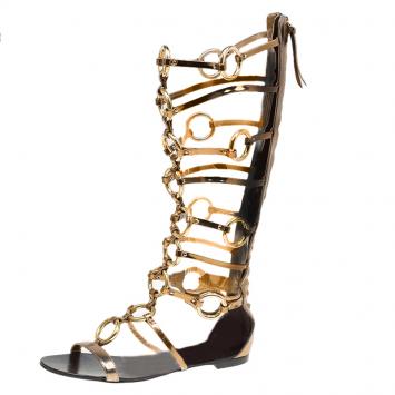 Pre Owned Giuseppe Zanotti Gold Chained Leather Gladiator Sandals Size 40