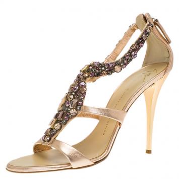 Pre Owned Giuseppe Zanotti Metallic Bronze Leather Jewel Embellished Sandals Size 41