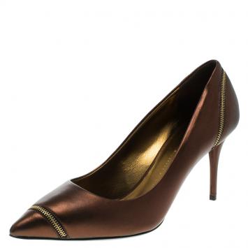 Pre Owned Giuseppe Zanotti Bronze Metallic Leather Zipper Accented Pointed Toe Pumps Size 38