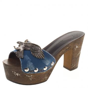Pre Owned Giuseppe Zanotti Blue Canvas Eagle Embellished Saboot Platform Slides Size 38
