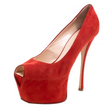 Pre Owned Giuseppe Zanotti Orange Suede Peep Toe Platform Pumps Size 38.5
