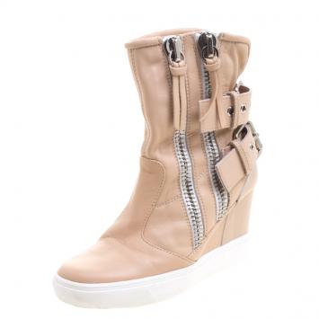Pre Owned Giuseppe Zanotti Beige Leather Buckled Double Zip Accent Wedge Sneakers Size 36
