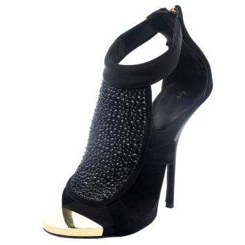 Pre Owned Giuseppe Zanotti Black Suede and Satin Crystal Studded Ankle Strap Sandals Size 38