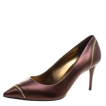Pre Owned Giuseppe Zanotti Metallic Brown Zipper Accented Pointed Toe Pumps Size 38