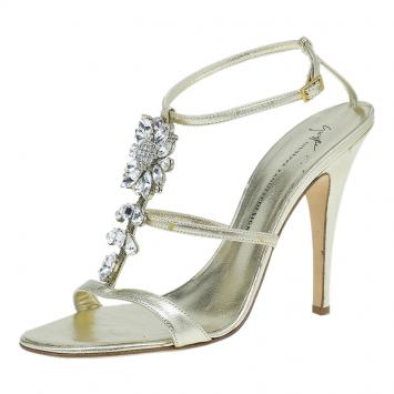 Pre Owned Giuseppe Zanotti Gold Embellished Leather T Strap Sandals Size 41