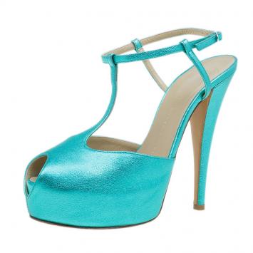 Pre Owned Giuseppe Zanotti Metallic Turquoise Leather T Strap Platform Sandals Size 39
