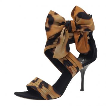 Pre Owned Giuseppe Zanotti Leopard Print Silk and Satin Bow Detail Sandals Size 40