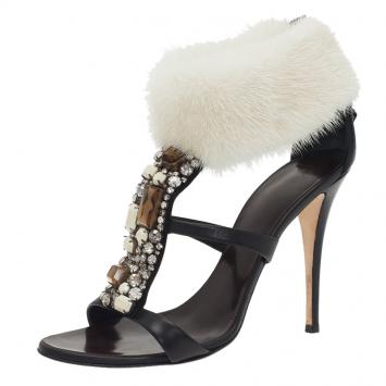 Pre Owned Giuseppe Zanotti Black Jewel Embellished Leather Fur Trim Sandals Size 40 