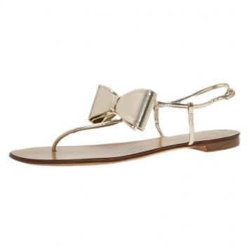 Pre Owned Giuseppe Zanotti Metallic Gold Leather Bow Thong Sandals Size 39