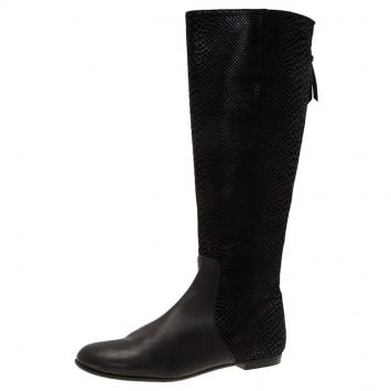 Pre Owned Giuseppe Zanotti Black Embossed Leather Tall Boots Size 37.5