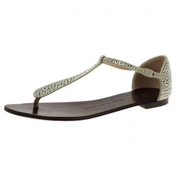 Pre Owned Giuseppe Zanotti Silver Crystal Studded Gaia Thong Sandals Size 38