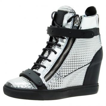 Pre Owned Giuseppe Zanotti Silver Diamond Embossed Leather London High-top Sneakers Size 41