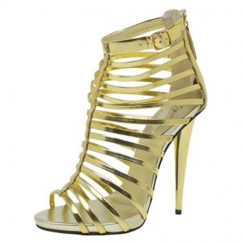 Pre Owned Giuseppe Zanotti Gold Mirrored Leather Caged Booties Size 37.5