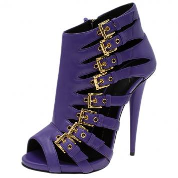 مملوكة مسبقًا Giuseppe Zanotti Purple Leather Multiple Buckle Cutout Ankle Boots Size 37.5