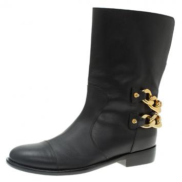 Pre Owned Giuseppe Zanotti Black Leather Chain Detail Ankle Boots Size 38.5