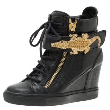 Pre Owned Giuseppe Zanotti Black Leather Alligator Detail Wedge Sneakers Size 38