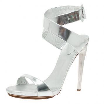 Pre Owned Giuseppe Zanotti Silver Metallic Leather Criss Cross Platform Sandals Size 39.5