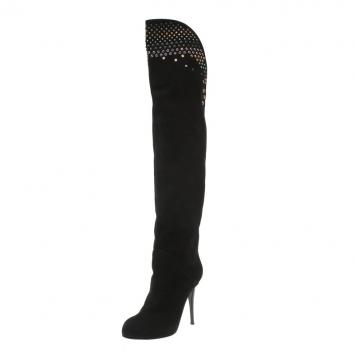 Pre Owned Giuseppe Zanotti Black Studded Suede Over Knee Boots Size 38