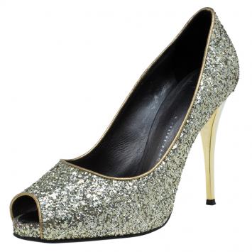 Pre Owned Giuseppe Zanotti Gold Glitter Peep Toe Platform Pumps Size 38 