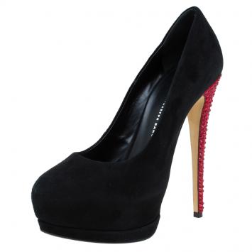 Pre Owned Giuseppe Zanotti Black and Red Embellished Suede Platform Pumps Size 38