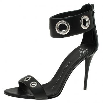 Pre Owned Giuseppe Zanotti Black Leather Eyelet Ankle Strap Sandals Size 37