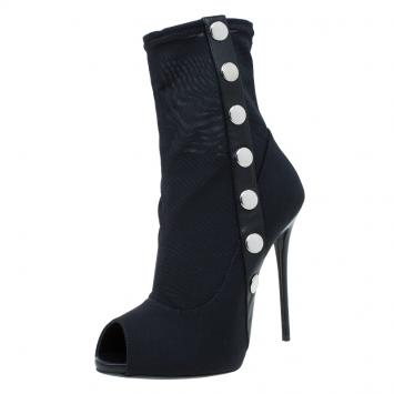 مملوكة مسبقًا Giuseppe Zanotti Black Studded Canvas and Leather Peep Toe Ankle Boots Size 39