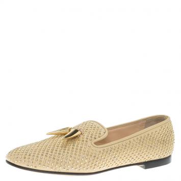 Pre Owned Giuseppe Zanotti Beige Studded Leather Lucia Shark Tooth Smoking Slippers Size 37