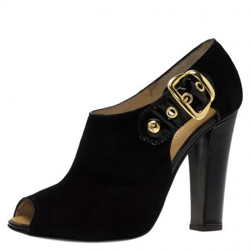 مملوكة مسبقًا Giuseppe Zanotti Black Suede Peep Toe Buckle Booties Size 38