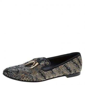 Pre Owned Giuseppe Zanotti Black Swarovski Crystal Embellished Loafers Size 38.5
