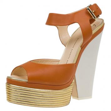 Pre Owned Giuseppe Zanotti Orange Leather Platform Wedge Sandals Size 41