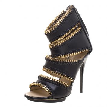 Pre Owned Guiseppe Zanotti Black Leather Chain Embellished Trim Cut Out Sandals Size 40