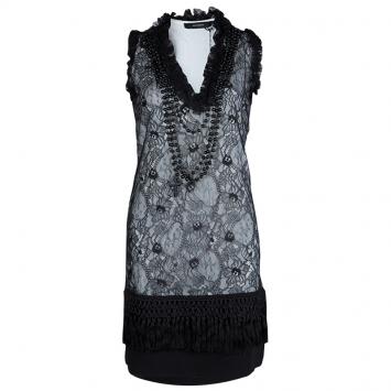 Pre Owned Givenchy Black Lace Beaded Necklace Detail Tassel Bottom Sleeveless Dress M