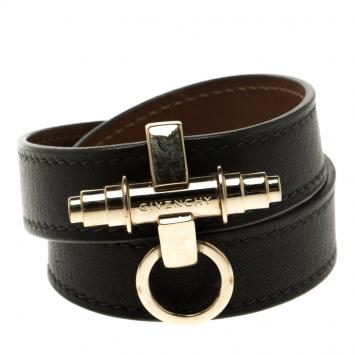 Pre Owned Givenchy Obsedia Brown Leather Gold Tone Wrap Around Bracelet