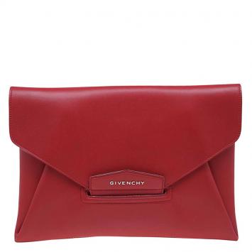 Pre Owned Givenchy Red Leather Medium Antigona Envelope Clutch