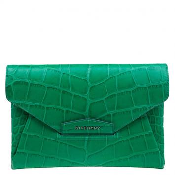 Pre Owned Givenchy Green Croc Embossed Leather Medium Antigona Envelope Clutch