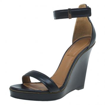 Pre Owned Givenchy Black Leather Zipper Trim Platform Ankle Strap Wedge Sandals Size 37