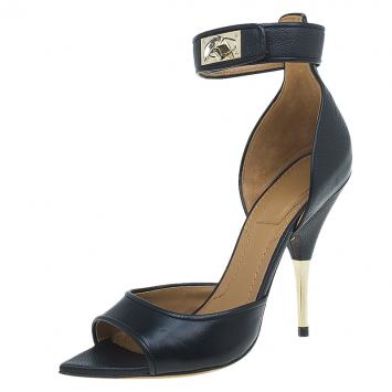 Pre Owned Givenchy Black Leather Sharktooth Ankle Wrap Sandals  Size 37