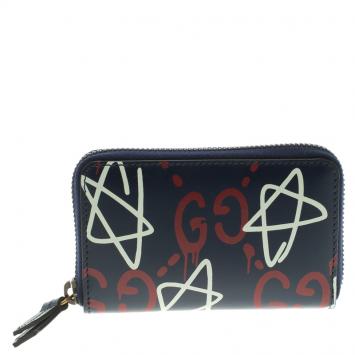 Pre Owned Gucci Black Ghost Print Leather Zip Around Card Case