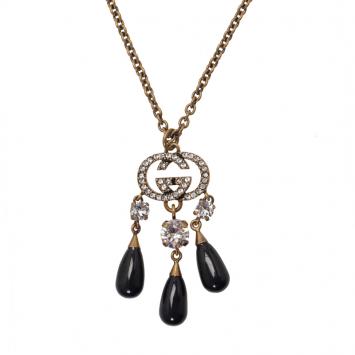 Pre Owned Gucci White Crystals and Black Glass Drops Pendant Necklace