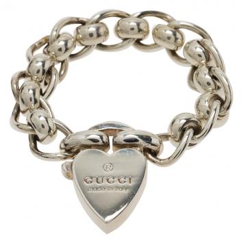 Pre Owned Gucci Heart Silver Chain Ring Size 49